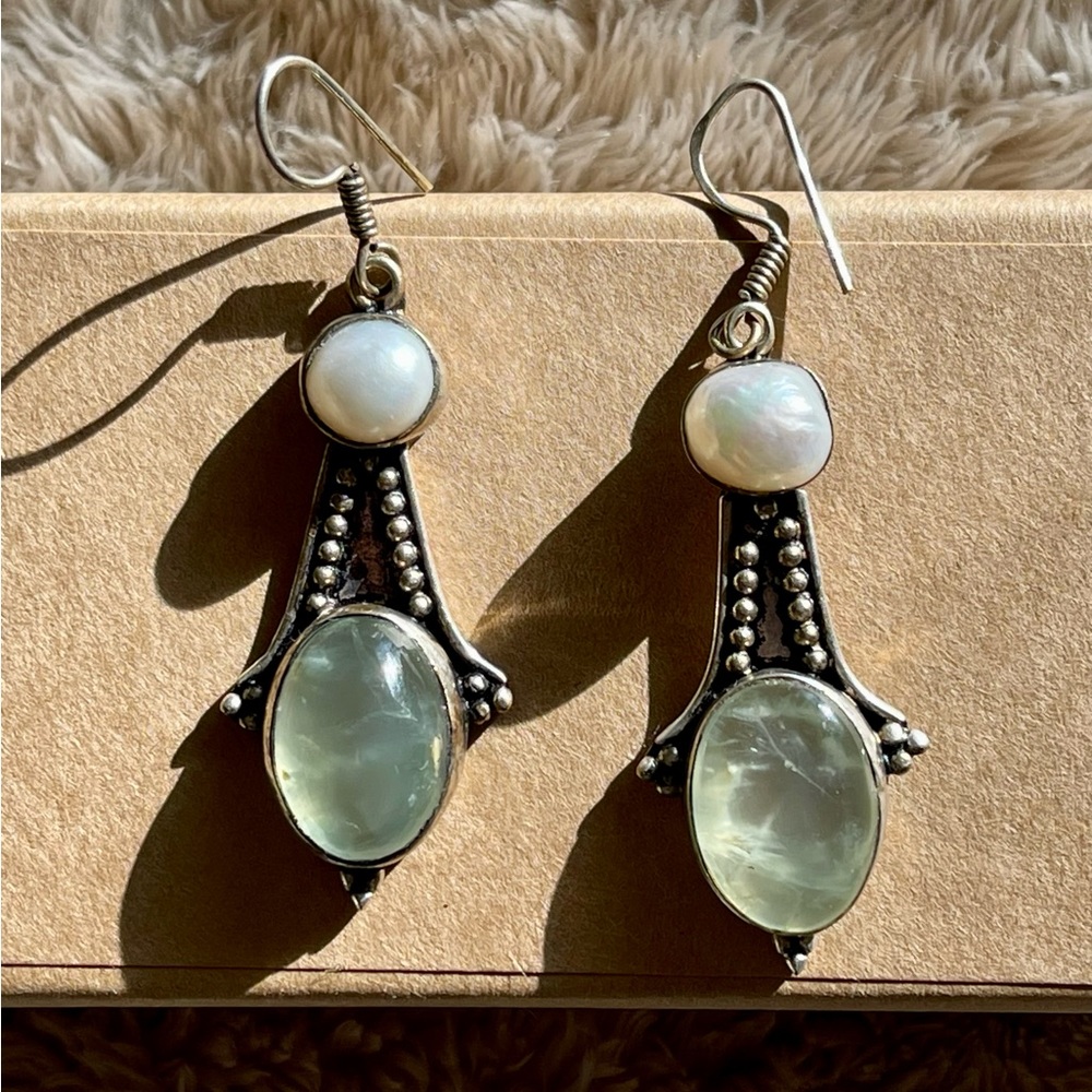 Pearl and Praisiolite Drop Earrings